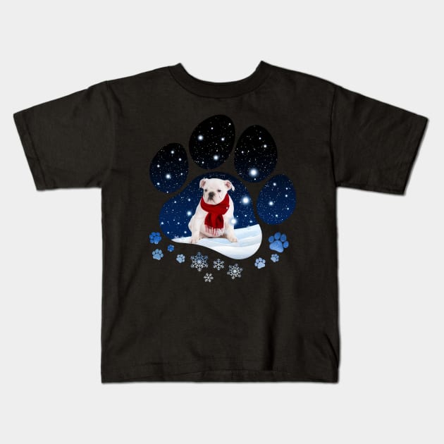 Snow Paw White English Bulldog Christmas Winter Holiday Kids T-Shirt by Vintage White Rose Bouquets